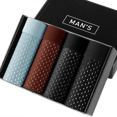 A set of four men's mesh boxer briefs in blue, brown, and black, presented in a gift box.