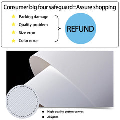 A close-up of white 280gsm cotton canvas material with a refund policy graphic above it.