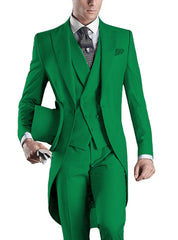 A man wearing a slim-fit, bright green three-piece tuxedo with a tailcoat and top hat.