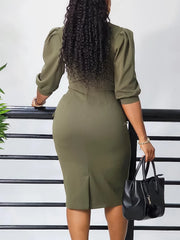 A woman wears an olive green knee-length pencil dress with half sleeves and a back slit.