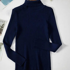 A navy blue long-sleeved turtleneck sweater with a slim-fit ribbed knit texture.