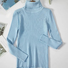A light blue, long-sleeved, ribbed turtleneck sweater for women.