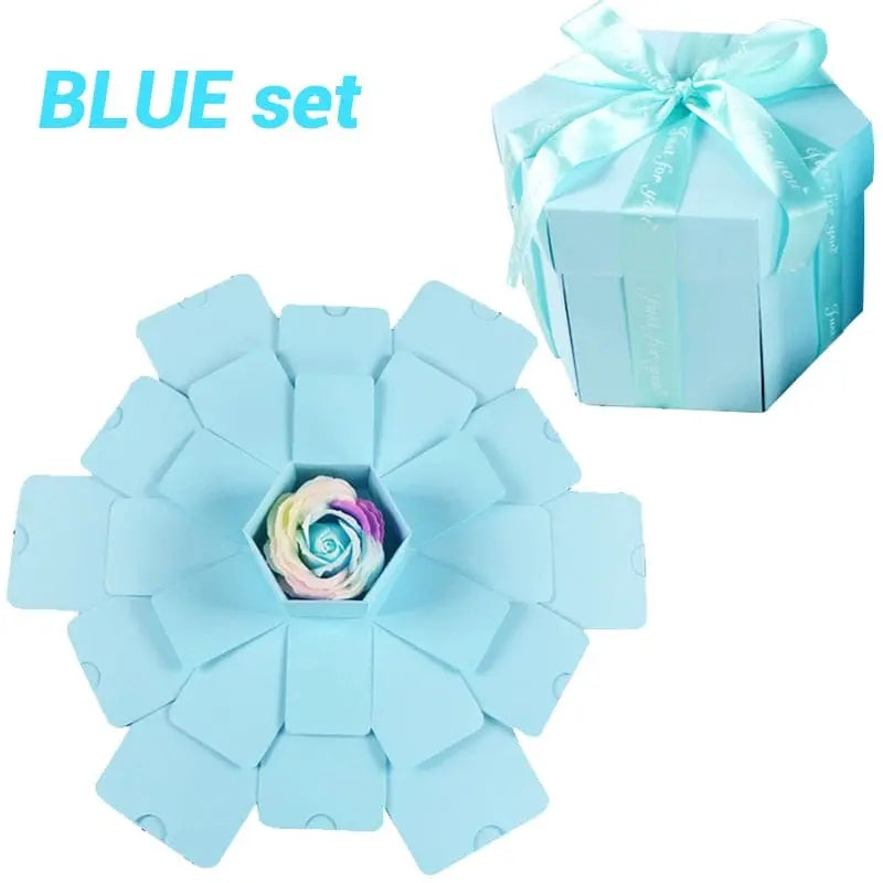 A light blue Hexagon Explosion Box Scrapbook Album, shaped like a flower, opens to reveal a multicolored rose. Beside it is the closed box tied with a matching ribbon. "BLUE set" appears in the top left corner.