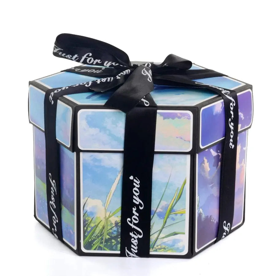 The Hexagon Explosion Box Scrapbook Album features sky and grass artwork and is tied with a black ribbon that says "Just for you"—ideal as a DIY handmade scrapbook or photo album gift.