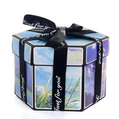 The Hexagon Explosion Box Scrapbook Album features sky and grass artwork and is tied with a black ribbon that says "Just for you"—ideal as a DIY handmade scrapbook or photo album gift.