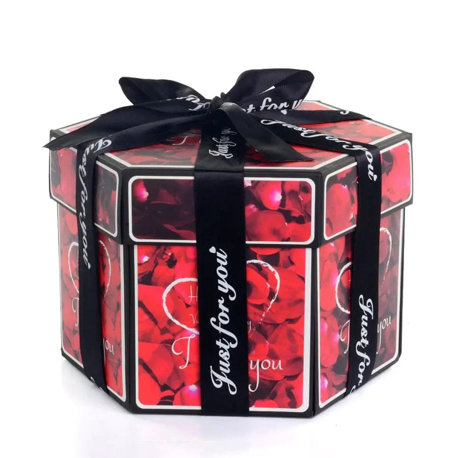 The Hexagon Explosion Box Scrapbook Album is decorated with red rose petals and a black "Just for you" ribbon, features "I love you" text and a heart design, and makes a perfect DIY handmade scrapbook or photo album gift.
