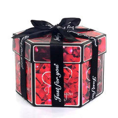 The Hexagon Explosion Box Scrapbook Album is decorated with red rose petals and a black "Just for you" ribbon, features "I love you" text and a heart design, and makes a perfect DIY handmade scrapbook or photo album gift.