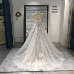 Strapless Appliqued Tulle Bridal Gowns Lace A-Line Court Train Sweetheart Wedding Dress Bridal Gowns Rl012