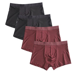 A set of four men's boxer shorts in black and maroon with mesh side panels.