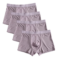A set of four mauve-colored men's boxer shorts made from breathable mesh fabric.