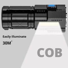 A black rechargeable LED flashlight with a side COB light panel illuminated.
