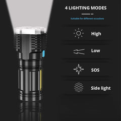 A black rechargeable LED flashlight with a COB side light and four lighting modes.
