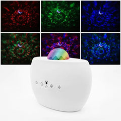 Showlu Smart Galaxy Projector with multicolored dome and five images of swirling red, green, blue aurora lights and crescent moon effects.