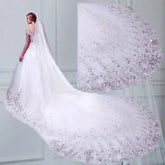 A single-layer cathedral wedding veil featuring intricate sequin lace detailing along the edge.
