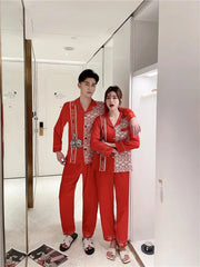 Showlu Fashion Store Hot sale man and woman korean pyjama couple silk satin sexy night wear set