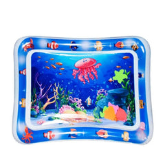 An inflatable baby water play mat featuring a colorful underwater scene with floating sea creatures.