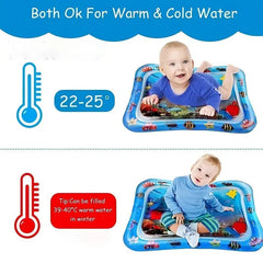 An inflatable baby water play mat with colorful sea life graphics shown with warm and cold water.