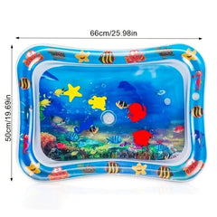 An inflatable baby water play mat featuring a colorful underwater scene with floating sea creatures.