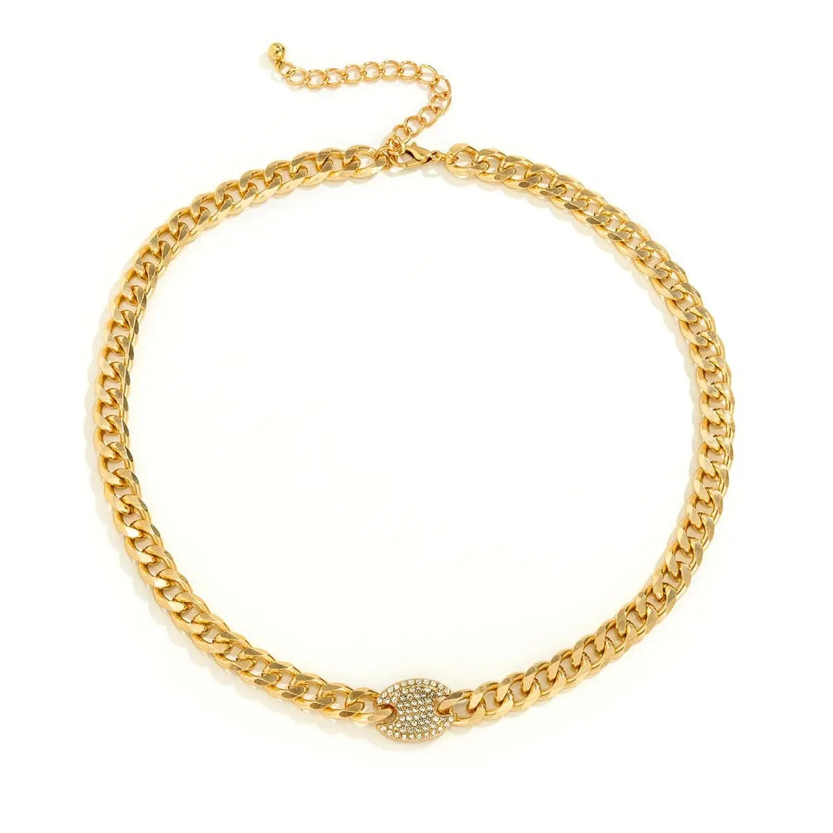 The Ingemark Iced Out Rhinestones Tennis Chain features a central circular pendant encrusted with clear CZ stones, an adjustable clasp, and a chunky hip hop Cuban curb choker design for men.