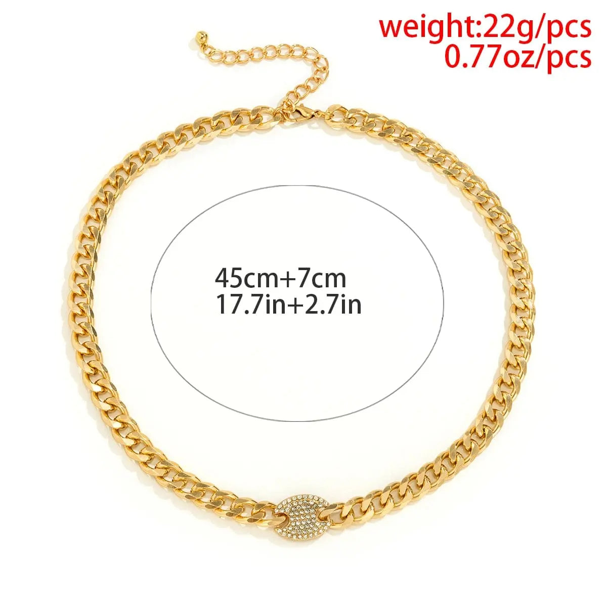 The Ingemark Iced Out Rhinestones Tennis Chain Pendant Choker Necklace features a gold curb chain, round CZ centerpiece, measures 45cm+7cm extender (17.7in+2.7in), and weighs 22g (0.77oz)—trendy hip hop steampunk bling for men.