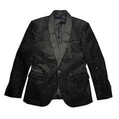 A black slim-fit blazer featuring vertical stripes and a sequined finish with a shawl collar.