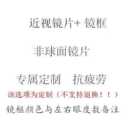 Text on a white background indicates that the purchase includes custom aspheric myopia lenses and a frame, noting that returns are not supported and prescription details are required.