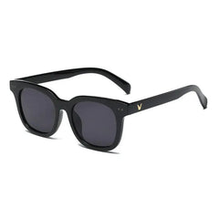 Black square-framed sunglasses with a gold V-shaped logo on the temple.