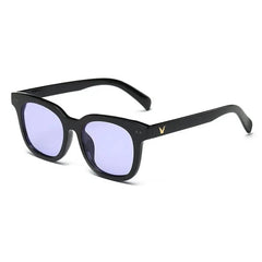 Black-framed square sunglasses with light purple lenses and a small gold logo on the temple.