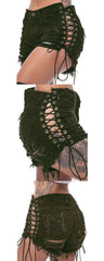 Black high-waisted denim shorts featuring distressed detailing and lace-up side panels.