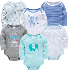 A set of six long-sleeved baby bodysuits in various colors and patterns.