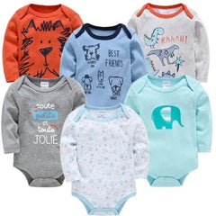 A set of six long-sleeved cotton baby bodysuits featuring various cartoon prints and colors.