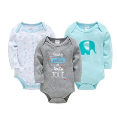 A set of three long-sleeved cotton baby bodysuits in white, grey, and light blue.