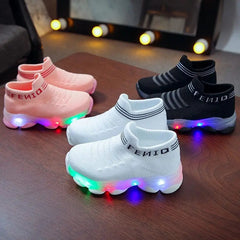 Showlu Fashion Store 0 Kids Sneakers Children Baby Girls Boys Letter Mesh Led Luminous Socks Sport Run Sneakers Shoes Sapato Infantil Light Up Shoes