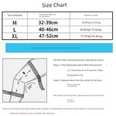 A size chart for a knee pad showing measurements for sizes M, L, and XL based on leg circumference.