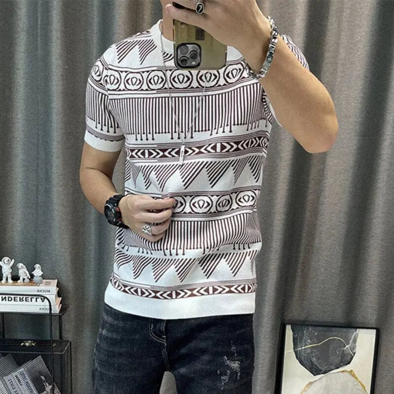 A person takes a mirror selfie indoors wearing the Korean Slim Bottomed Shirt, a thick O-neck stripe short sleeve streetwear knitted tee for men. The top-quality male knit t-shirt features stylish patterns and gray curtains are in the background.