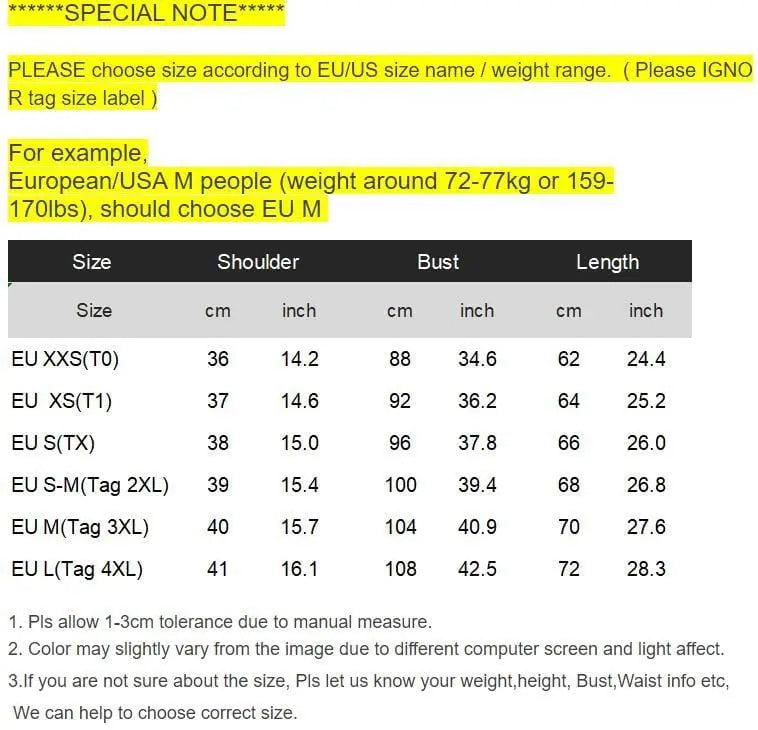 A sizing chart for the Korean Slim Bottomed Shirt Thick O-Neck Stripe Short Sleeve T-shirt matches EU sizes (XXS–L) to shoulder, bust, and length (cm/inch). Choose your men's slim fit tee by EU/US size and weight range for best fit.
