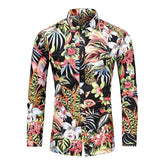 A long-sleeved button-down shirt featuring a vibrant, multicolored tropical floral print on a black background.