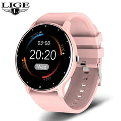 A pink LIGE smartwatch with a round touchscreen display showing the time, date, and weather.