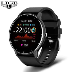 A black LIGE smartwatch with a round touchscreen display showing fitness data and a black strap.