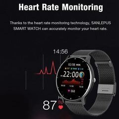 A black smartwatch with a mesh metal band displays a heart rate monitoring interface.