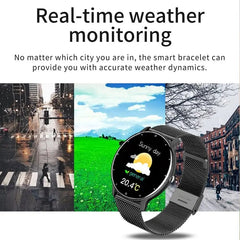 A LIGE smart watch with a black mesh band displays a sunny weather icon and temperature.