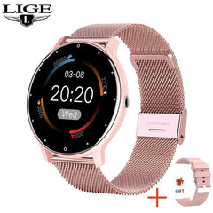 A rose gold LIGE smartwatch with a mesh band and an additional pink silicone strap.