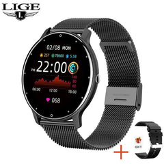 A black LIGE smartwatch with a mesh metal band and an additional silicone strap.