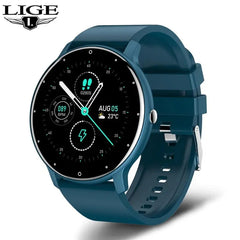 A blue LIGE smartwatch with a round touchscreen display showing fitness data and the date.