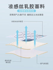 A diagram showing the three layers of a cooling latex cushion, including the ice silk surface, latex filling, and breathable base.