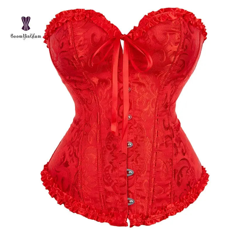 Showlu Fashion Store M / Red Lace Up Jacquard Floral Corset Lingerie Overbust Plastic Boned Bustier Sexy Outfit Waist Slimmer Plus Size body Shaping