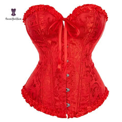 Showlu Fashion Store M / Red Lace Up Jacquard Floral Corset Lingerie Overbust Plastic Boned Bustier Sexy Outfit Waist Slimmer Plus Size body Shaping