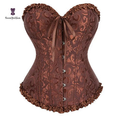 Showlu Fashion Store 3 XL / Brown Lace Up Jacquard Floral Corset Lingerie Overbust Plastic Boned Bustier Sexy Outfit Waist Slimmer Plus Size body Shaping
