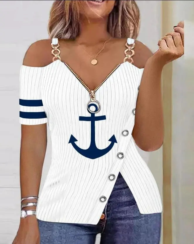 A white cold-shoulder top with vertical stripes, a front zipper, and a blue anchor graphic.