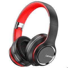 Lenovo over-ear wireless headphones in black and red with a foldable design.